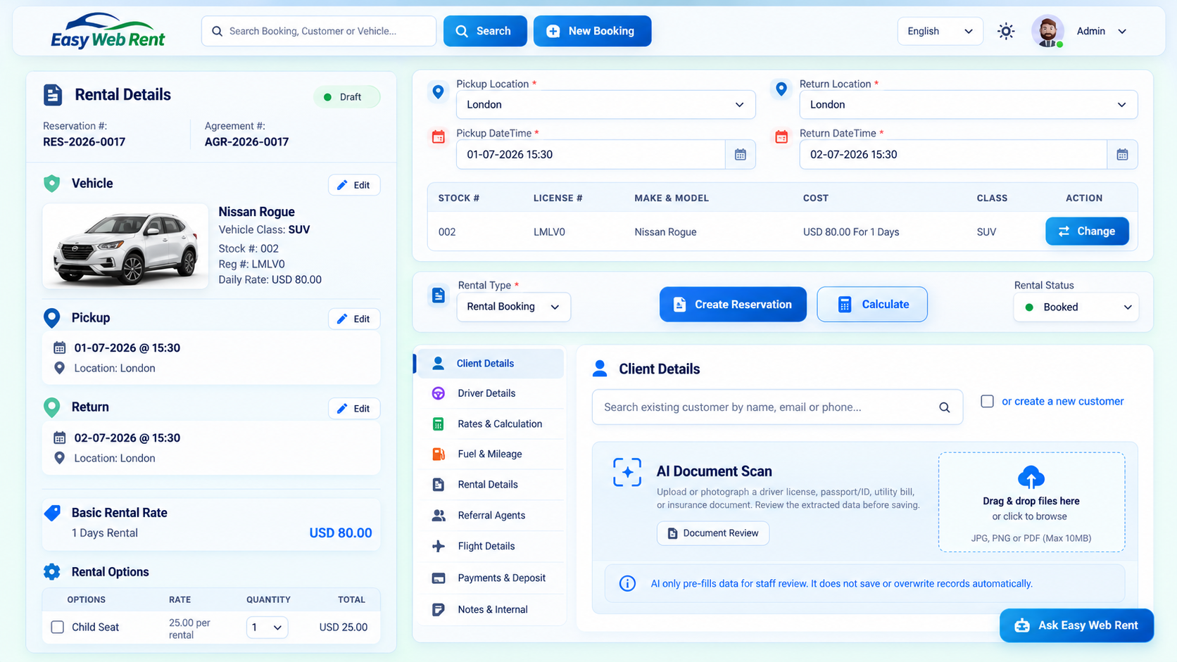 Easy Web Rent live Betrieb Dashboard Bildschirm