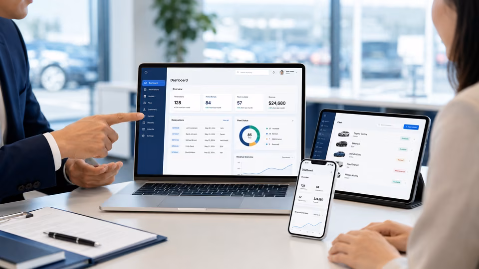 Easy Web Rent product trial demonstrated on laptop, tablet, and mobile phone for a rental business team