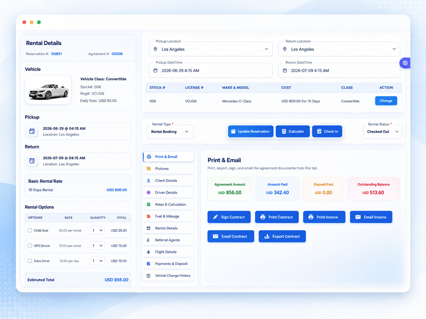 Pantalla de gesti&oacute;n de contratos de Easy Web Rent con datos del veh&iacute;culo, tarifas, pagos y acciones del contrato